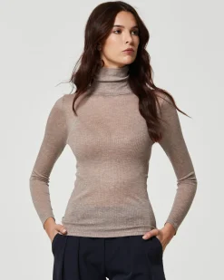 Maglia rib manica lunga collo alto in modal cashmere a costine